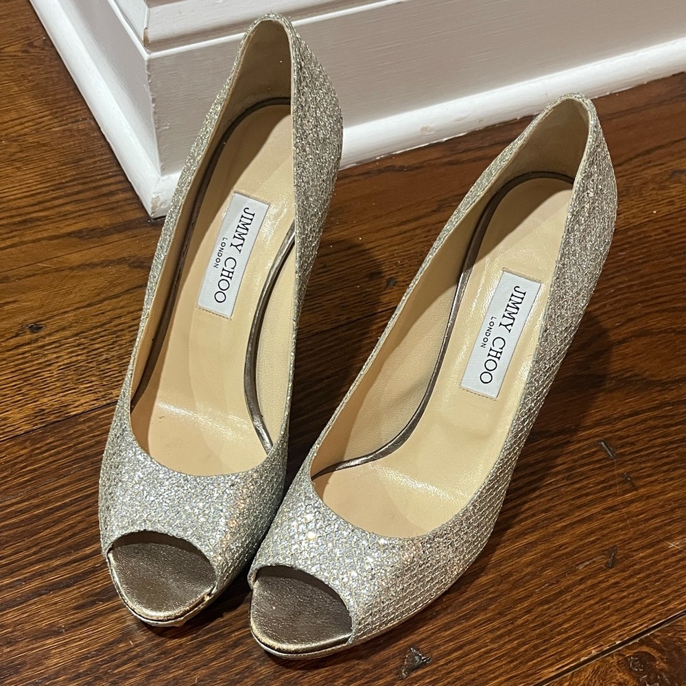 Jimmy Choo Glittering Silver Peep-Toe Heels-Like New